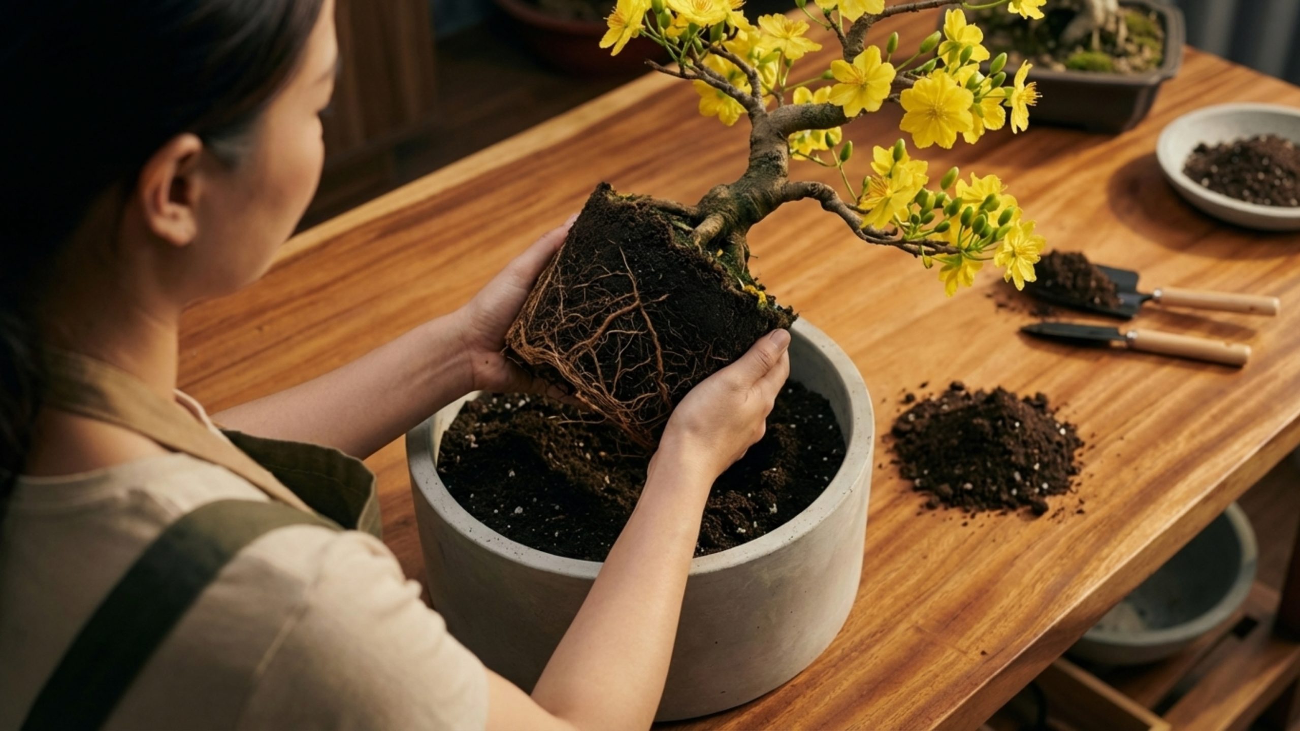 Thay đất cho cây mai để cây phát triển khỏe mạnh